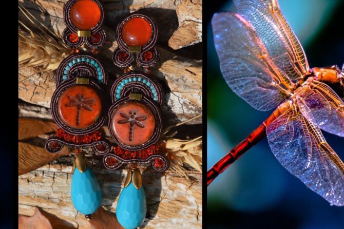 ‘ Dragonfly in Autumn ‘ , handgemaakte soutache oorbellen van EEE
